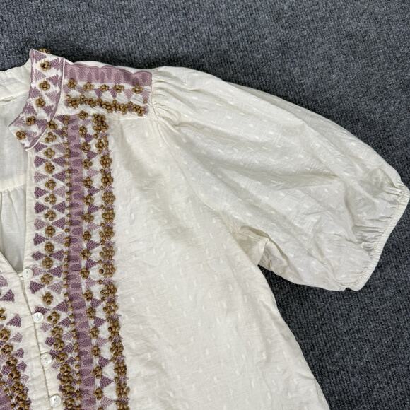 Anthropologie Forever That Girl Shirt Women 12 Beaded Boho Puff Sleeve Peasant - Picture 7 of 10